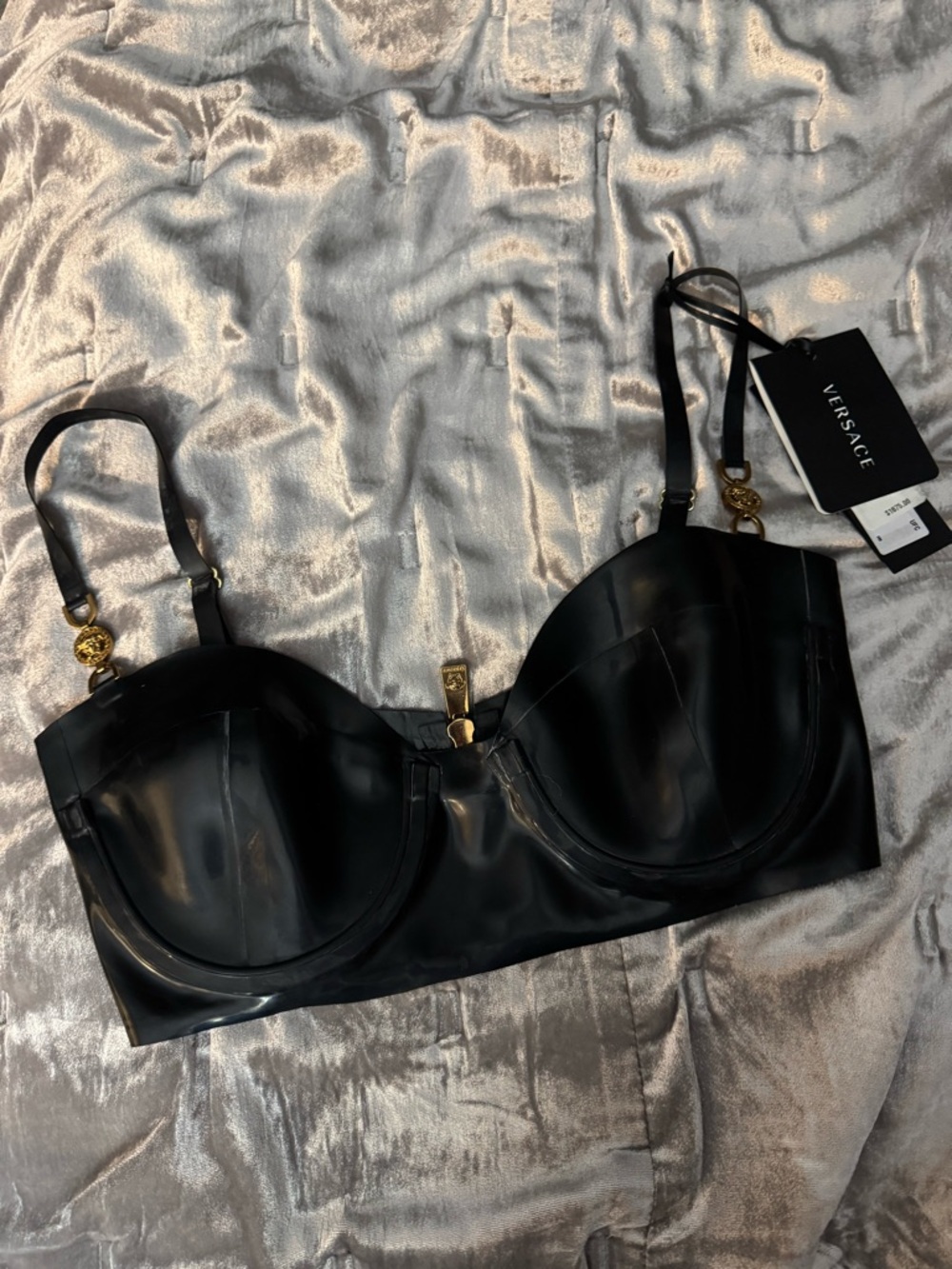 Versace Black latex  Balconette Crop Top with Gold Medusa Accents